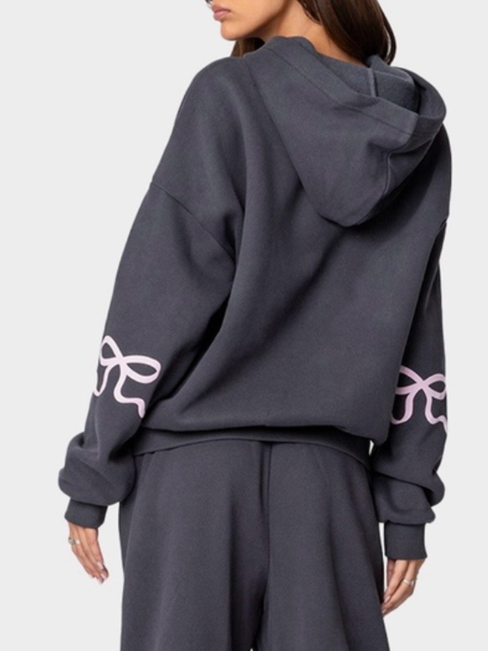 Edikted Charcoal Hoodie with Pink Sleeve Ribbon Detail